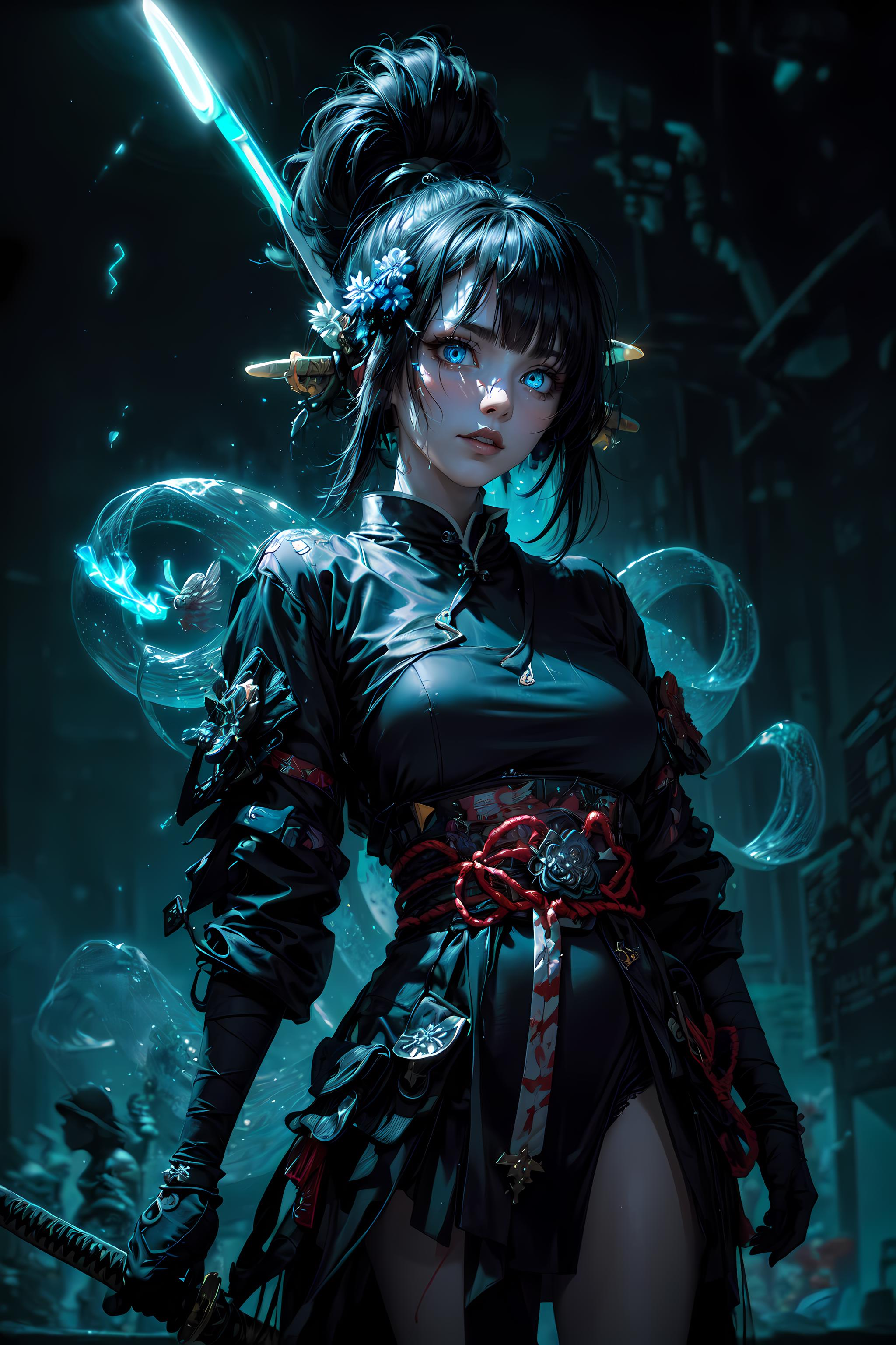 A woman in a black outfit holding a sword in a dark room - SeaArt AI
