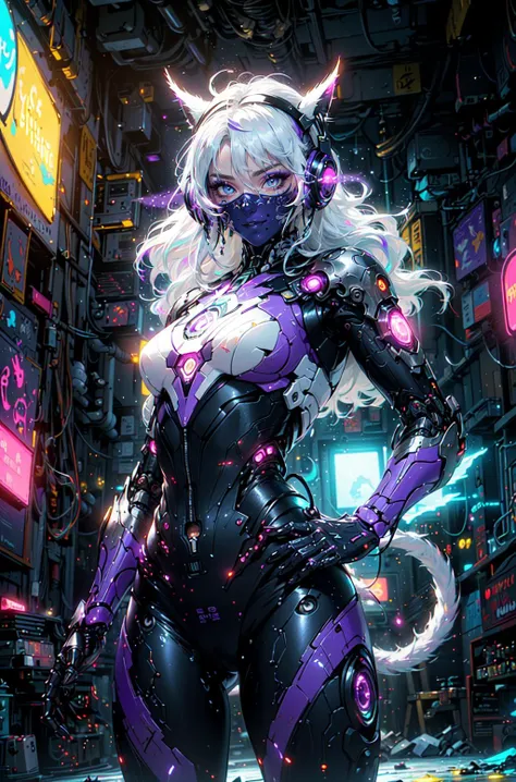 (masterpiece,best quality,ultra-detailed,very detailed illustrations,extremely detailed,intricate details,highres,(masterfully crafted glow:1.4),(lens flare:1.3),super complex details,extremely detailed 8k cg wallpaper,cowboy shot, caustics,reflection,ray tracing,demontheme,nebula,dark aura,cyber effect,alone,mecha musume,mechanical parts, robot joints,(single mechanical arm), headgear, mechanical halo,star halo,(intricate ((white)) and violet mechanical ninja suit),(violet purple glow:1.2), (violet suit lights), mecha corset, full armor, (very long translucent hair),(bioluminescent white hair:1.2),(hair glow:1.4), hair between eyes,(((colourful))),((makeup)),(indoors),(carbon fibre),(cool action pose:1.3),(edgy:1.5), (luminous white hair:1.4),(blue eyes), (bright blue eyes:1.4),(glowing eyes:1.4),(eye trail:1.1), intense expression,(dynamic action),(hand on hip:1.2),(cybernetic metal Lynx ears:1.3),(thin ((metal)) cybernetic tail:1.4),(lean), ancient japanese architecture,pond, starry sky,skyline, (sexy form fitting cyber suit:1.4),(sexy futuristic ninja:1.2), mechanical parts,robot joints,headgear]:0.8>,(futuristic glowing headphones), the most beautiful form of chaos, elegant, a brutalist designed, (scary:1.3),(horror:1.2),(suspense:1.4),(dramatic),(intense),(visual spectacle:1.3),latex,torn down space station,(inside overgrown spaceship),(wear and tear),(dystiopian:1.1),vivid colours,(horror scene:1.1),(dynamic:1.2),(action scene),(powerful), romanticism,(wearing cybernetic mask),(long flowing hair),(steam), by james jean, roby dwi antono, ross tran, francis bacon, michal mraz, adrian ghenie,(cybernetic ninja:1.3),(glitch),(chromatic aberration), petra cortright, gerhard richter, takato yamamoto, ashley wood, atmospheric, ecstasy of musical notes,(forced perspective), streaming musical notes visible, splashes of colour absolutely eye-catching,(lens flare:1.2), (Cinematic headlight), ((caustic)), dynamic angle, beautiful detailed glow, ambient occlusion, ambient light, raytraced reflections,(best illumination, an extremely delicate and beautiful), ((cinematic light)),<lora:nijiarmor_anime_v2:0.4>,(demontheme,nebula,dark aura,cyber effect:1.3),(glowing suit),<lora:NijiExpressV2:0.2>, magic, void, (purple glowing floating wisps:1.7), sci-fi,(cinematic background:2), <lora:AMechaSSS[color_theme,mecha musume, mechanical parts,robot joints,headgear]:0.3>,(paint splashes:1.4),(coloured mist),(spray paint mist:1.2),