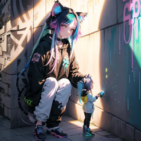 correct anatomy, 8k, very beautiful detailed eyes, anime art, (Masterpiece:1.2), best quality, (illustration:1.2), (ultra-detailed),Eye focus,(Masterfully crafted Glow, pink lens flare), (Cinematic background), hyper details,(delicate detailed), (intricate details), octane render, hdr, (hyperdetailed:1.15), (((colourful))),(soft light:1.2), 1girl,(lynx ears:1.3) , (lynx girl), (cat tail:1.5), beautiful girl, ultra detailed eyes, mature, plump, thick, rainbow painting drops, paint teardrops, woman made up from paint, entirely paint, splat, splash, (outside), (bioluminescent hair:1.5),(glowing eyes:1.2), ((makeup)),(Cinematic masterpiece), fierce, powerful, splashes of colour absolutely eye-catching, (Cinematic headlight), (realistic bounce lighting:1.2),((caustic)), dynamic angle, beautiful detailed glow, ambient occlusion, ambient light, raytraced reflections,(best illumination, an extremely delicate and beautiful), ((cinematic light)), (soft:2), (whimsical:2) , intricate background, vibrant, dreamscape, (painting graffiti:1.3), (glowing tail), (painted city landscape), (Urban),(realistic urban fashion), (expressive:1.2), good form, athletic , (mirrored world), (long flowing black hair:1.1), wavy hair, (colourful hair highlights),(Cyberpunk Techwear Japanese Streetwear Longline Hoodie),(Cyberpunk Streetwear Kanji Joggers), glowing headphones, beanie, (graffiti wall), unfinished graffiti, ghetto,(looking at wall:2),black hoodie, (backwall present),(holding spraycan:1.3), (colourful mist), buckles, belts, straps, a girl standing in front of a graffiti wall, cyberpunk art, (by LAM), Mika Pikazo, graffiti, <lora:urbansamuraiv3testing:0.5>, techwear jacket, black gloves, with buckle and tape, (blue and pink hair),(Dual colour hair:2),(Blue hair),