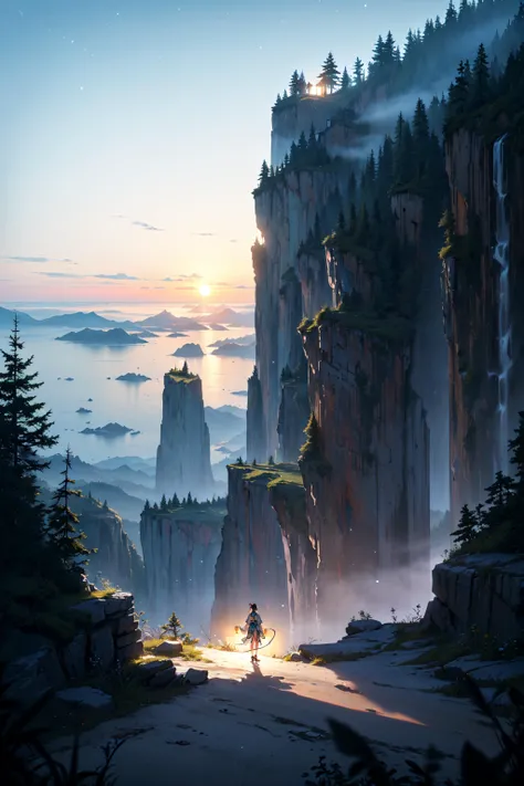 (Masterpiece:1.2), best quality, (illustration:1.2), (ultra-detailed),beautiful landscape,)girl looking over cliffs edge),(breath taking composition),(Masterfully crafted Glow), (whimsical:2),(fantasy),(Cinematic background), hyper details, (delicate detailed), (intricate details), octane render, hdr, (hyperdetailed:1.15), (soft light:1.2) paint teardrops, entirely paint, splat, splash,(Cinematic masterpiece), fierce,(character in the distance:1.2),(solo female),(magic),(fantastical), powerful, splashes of colour absolutely eye-catching, (Cinematic headlight), ((caustic)), dynamic angle, beautiful detailed glow, ambient occlusion, ambient light, raytraced reflections,(best illumination, an extremely delicate and beautiful), ((cinematic light)), (soft:2), (landscape photo), dreamscape, neon lights ,trees, starry skies, moon, sun, golden hour, warrior, (ultra cinematic:1.2),(far away shot:1.2),(edge of the world:1.2), cliffs edge,(wide angle shot:1.4), (chinese lanterns:2), (lantern festival:1.1)