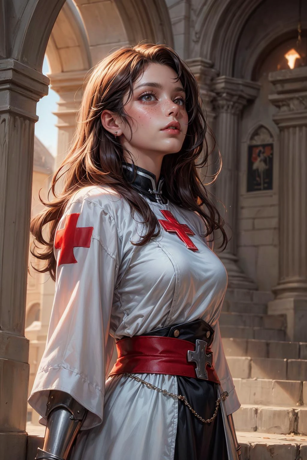 (Masterpiece:1.2), best quality, (illustration:1.2), (ultra-detailed), hyper details, (delicate detailed), (intricate details), clear line, high contrast, colorful, (Photoshop Pastel Painting), (Cinematic masterpiece), <lora:add_detail:1>, <lora:sharpen-soften:-0.25>, <lora:kittew_v0.1:0.3>,
<lora:GoodHands-beta2:0.8>,
1 girl, adult (elven:0.7) woman, freckles, red eyes, medium brown long hair, ombre,
solo, from front, front view, upper body, looking up, detailed background, detailed face, (red cross, knights templar theme:1.1), medieval crusader knight, wearing battle-worn armor, cross symbols, emanating chivalrous presence, armed pilgrim, , uplifted spirits, dynamic pose, 11th century, grand staircase in background, sunrise,
