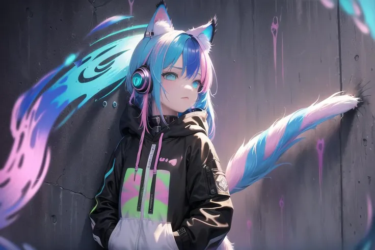 anime art, (Masterpiece:1.2), best quality, (illustration:1.2), (ultra-detailed),Eye focus,(Masterfully crafted Glow, pink lens flare), (Cinematic background), hyper details,(delicate detailed), (intricate details), octane render, hdr, (hyperdetailed:1.15), (((colourful))),(soft light:1.2), 1girl,(lynx ears:1.3) , (lynx girl), (cat tail:1.5), beautiful girl, ultra detailed eyes, mature, plump, thick, rainbow painting drops, paint teardrops, woman made up from paint, entirely paint, splat, splash, (outside), (bioluminescent hair:1.5),(glowing eyes:1.2), ((makeup)),(Cinematic masterpiece), fierce, powerful, splashes of colour absolutely eye-catching, (Cinematic headlight), (realistic bounce lighting:1.2),((caustic)), dynamic angle, beautiful detailed glow, ambient occlusion, ambient light, raytraced reflections,(best illumination, an extremely delicate and beautiful), ((cinematic light)), (soft:2), (whimsical:2) , intricate background, vibrant, dreamscape, (painting graffiti:1.3), (glowing tail), (painted city landscape), (Urban),(realistic urban fashion), (expressive:1.2), good form, athletic , (mirrored world), (long flowing black hair:1.1), wavy hair, (colourful hair highlights),(Cyberpunk Techwear Japanese Streetwear Longline Hoodie),(Cyberpunk Streetwear Kanji Joggers), glowing headphones, beanie, (graffiti wall), unfinished graffiti, ghetto,(looking at wall:2),black hoodie, (backwall present),(holding spraycan:1.3), (colourful mist), buckles, belts, straps, a girl standing in front of a graffiti wall, cyberpunk art, (by LAM), Mika Pikazo, graffiti, <lora:urbansamuraiv3testing:0.5>, techwear jacket, black gloves, with buckle and tape, (blue and pink hair),(Dual colour hair:2),(Blue hair),