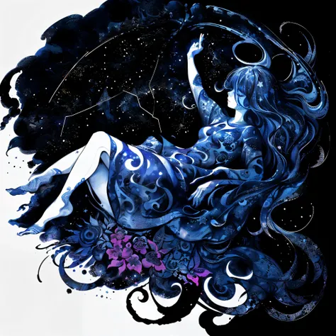 inkstyle:1,(black background full of stars), textured, (ink art, ink illustration, ink, rough:1.4), 1girl, (flowing lines), dreaming, dreams, sleeping, eyes closed, floating, peaceful, colourful, hair flowing into ink, swirling ink, highly detailed background, (stars, flowers,), multicoloured, ((abstract)),