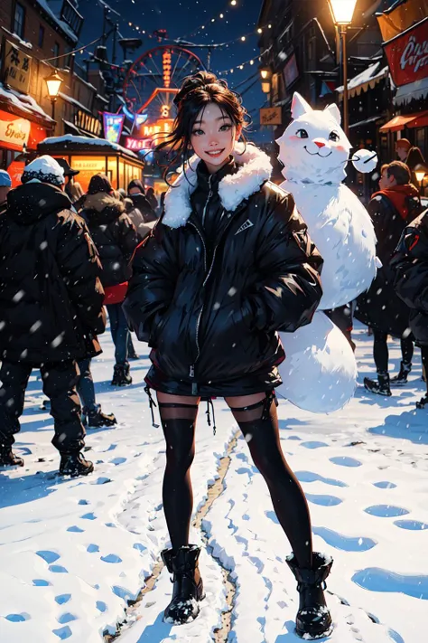(unparalleled masterpiece:1.2, best quality), ultra detailed, high quality, high detailed skin, intrincate details, ((full body)), ((solo)), woman in an amusement park covered with snow, long clothes, gloves, seductive_smile, ((night))<lora:sam_yang_offset_right_filesize:1.0>