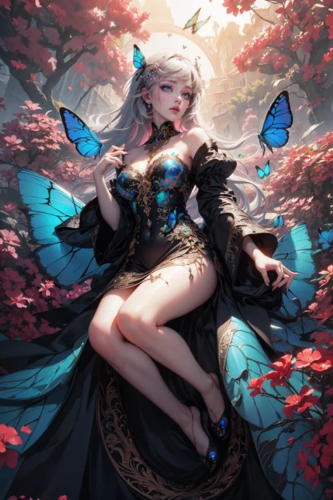 (Masterpiece:1.2), best quality, (illustration:1.2), (ultra-detailed),Eye focus,(Masterfully crafted Glow, pink lens flare), (Cinematic background), hyper details,(delicate detailed), (intricate details), octane render, hdr, (hyperdetailed:1.15), (((colourful))),(soft light:1.2), 1girl, beautiful girl, ultra detailed eyes, mature, plump, thick, rainbow painting drops, paint teardrops, woman made up from paint, entirely paint, splat, splash, (outside), (bioluminescent hair:1.1),(glowing eyes), ((makeup)),(Cinematic masterpiece), fierce, powerful, splashes of colour absolutely eye-catching, (Cinematic headlight), ((caustic)), dynamic angle, beautiful detailed glow, ambient occlusion, ambient light, raytraced reflections,(best illumination, an extremely delicate and beautiful), ((cinematic light)), (soft:2), (whimsical:2) , intricate background, vibrant, dreamscape, Fairy wings, fairy, (Flock of glowing morpho butterflies:1.4), inside forest, trees, full body, (Lush vegetation:1.5), (ornately coloured eyes:1.3), Phoenix dress, <lora:phoenixdressV.2-0000010:0.7>, (Intricately coloured hair:1.3), (flying:1.3)