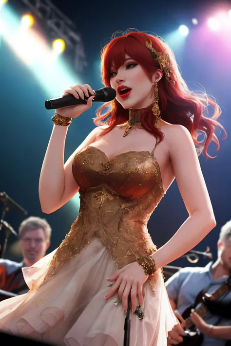 beautiful vocalist on stage with her band. press photograph. f/1.8, ISO800, bokeh.
