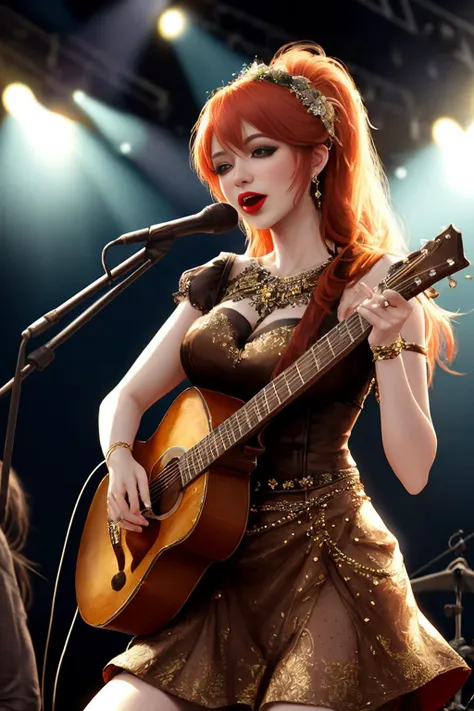 beautiful vocalist on stage with her band. press photograph. f/1.8, ISO800, bokeh.
