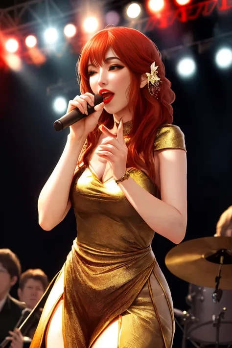 beautiful vocalist on stage with her band. press photograph. f/1.8, ISO800, bokeh.