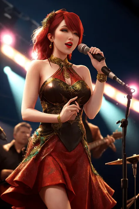 beautiful vocalist on stage with her band. press photograph. f/1.8, ISO800, bokeh.