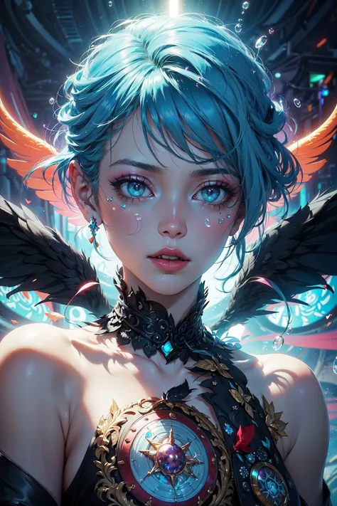 (Masterpiece:1.2), best quality, (illustration:1.2), (ultra-detailed),Eye focus,(Masterfully crafted Glow, pink lens flare), (Cinematic background), hyper details,(delicate details:2), (delicate detailed), (intricate details),in the air, octane render, hdr, (hyperdetailed:1.15), (soft light:1.2), 1girl, beautiful girl, ultra detailed eyes, mature, plump, thick, rainbow painting drops, paint teardrops, woman made up from paint, entirely paint, splat, splash, outdoors, (bioluminescent hair:1.1),(glowing eyes), ((makeup)),(Cinematic masterpiece), fierce, powerful, splashes of colour, absolutely eye-catching, (Cinematic headlighting),(whimsical:2),(Dynamic:1.4), light coming from above, growing shadows, ((caustic)), dynamic angle, beautiful detailed glow, ambient occlusion, ambient light, raytraced reflections,(best illumination, an extremely delicate and beautiful), ((cinematic lighting)), (soft:2), (Nephilim:2), (halo), demon horns,(1 angel wing),1 demon wing, wings on back, half demon, demon ears, black wings, raven wings, (falling raven feathers:1.3),white hair, grey eyes, (red hair glow:1.2), (radiant aura),(lens flare:1.5),(warm lighting:1.4),(foreground elements:1.5),(perfect face:1.3), extreme detailed eyes, colorful, highest detailed, vibrant colors, high contrast, (8K UHD:1.2), (photorealistic:1.2),official art, unity 8k wallpaper, ultra detailed, beautiful and aesthetic, (zentangle, mandala, tangle, entangle), (fractal art:1.3),(Magic circle:1.2),(Magic:1.4),(((colourful))),(romantic:2), the most beautiful form of chaos, elegant, vivid colours, (romanticism:2), by james jean, roby dwi antono, ross tran, francis bacon, michal mraz, adrian ghenie, petra cortright, gerhard richter, takato yamamoto, ashley wood, atmospheric, ecstasy of musical notes, streaming musical notes visible,