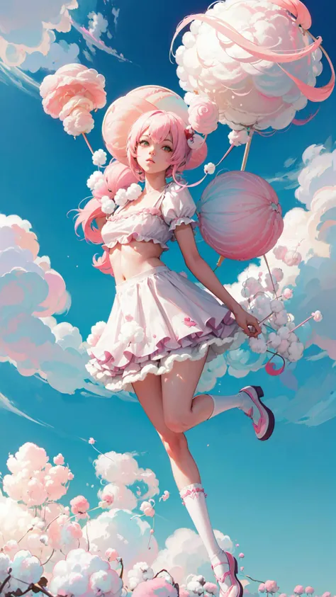 ((best quality, masterpiece, absurbres)), ((Cotton Candy Dreams, whimsical:1.6)), (Full body), (Dynamic pose), Colorful balloons, sugary clouds, carefree adventure.