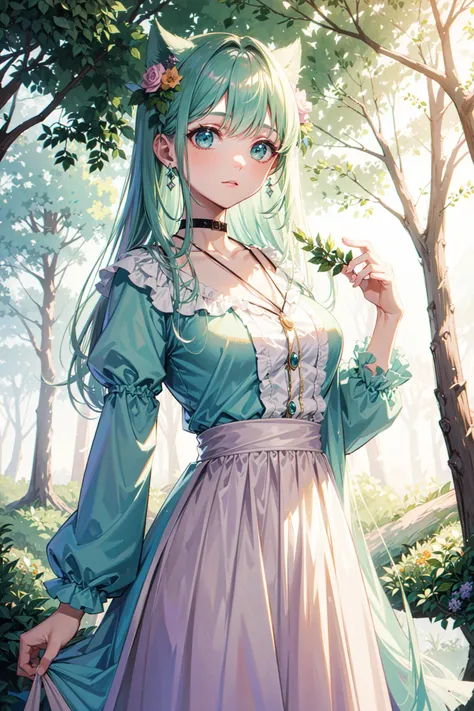 ((best quality, masterpiece, absurbres)) Enchanted Forest, Soft Pastels (Mint Green, Lavender, Peach), Ethereal Lighting, Mossy Clearing, Bohemian Fairy Fashion