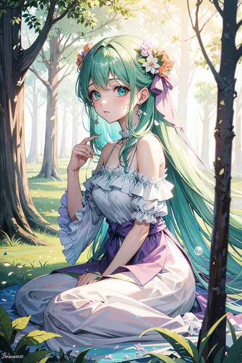 ((best quality, masterpiece, absurbres)) Enchanted Forest, Soft Pastels (Mint Green, Lavender, Peach), Ethereal Lighting, Mossy Clearing, Bohemian Fairy Fashion