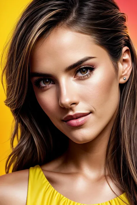 photo of beautiful (alesambr0s:0.99), a woman with perfect hair, hair upsweep updo, wearing (yellow dress flower:1.1), (Electro Swing:1.1), (plain red background:1.1), modelshoot style, (extremely detailed CG unity 8k wallpaper), professional majestic photography, (smile), (Nikon Z7 II Mirrorless Camera), 24mm, exposure blend, hdr, faded, extremely intricate, High (Detail:1.1), Sharp focus, dramatic, soft cinematic light, (upper body), (looking at viewer), (detailed pupils), 4k textures, soft cinematic light, adobe lightroom, photolab, elegant, ((((cinematic look)))), soothing tones, insane details, hyperdetailed, low contrast