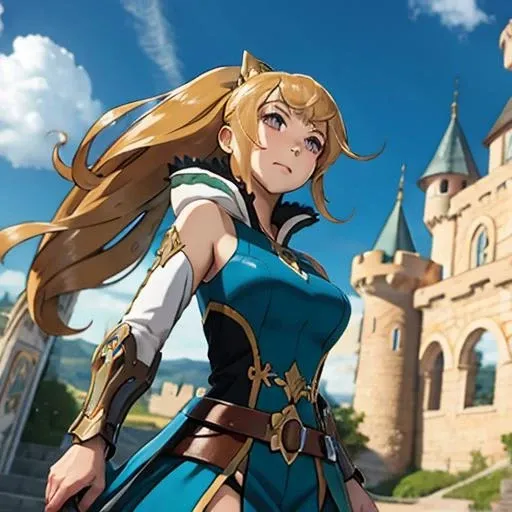<lora:dragalialost_elisanne:1> , high quality, detailed face, <lora:pokemon-like:.6>, <lora:tachi-e:1>, beautiful woman, masterpiece, best quality, battle pose, 1girl, holding extremely long lance, castle in background, anime style, sky,