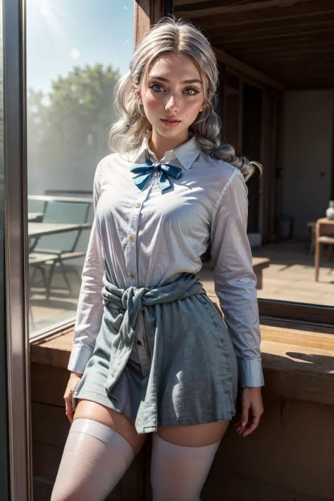 (masterpiece, best quality, highres:1.3), (photorealistic:1.4), casual photography, HDR, natural light, (anti-aliasing:1.2), elegant, soft scattered light, realistic proportions, limited palette, backlit, accent lighting, (neutral colors:1.3), cross process, cinematic lighting, coherent light, coherent shadows, light passing through hair, (abstract background:1.3), (perfect skin), (sharp), (cowboy shot:1.2),
detailed face, detailed eyes, detailed skin, (photorealistic:1.2), (intricate and beautiful:1.2), ZH_HeloiseH, solo, realistic, lips, long hair, yellow eyes, tattoo, realistic, freckles, lips, large breasts, (thick\lips\), <lora:ZH_HeloiseH_v1:1> (beautiful detailed eyes:1.2), (detailed light:1.2), (soft lighting, side lighting, reflected light), (makeup, mascara:0.9), ((silver white hair:1.2)), gorgeous greek goddess, 20yo Valyrian Princess, (pale skin:1.2), (thick\lips\), frlgsabrina, blunt bangs, Japanese clothes, red skirt, sash, black pantyhose, <lora:add_detail:0.84>, (looking at viewer), <lora:candice-nvwls-v2:1> candice, twintails, bowtie, white shirt, clothes around waist, orange miniskirt, striped socks, loafers,