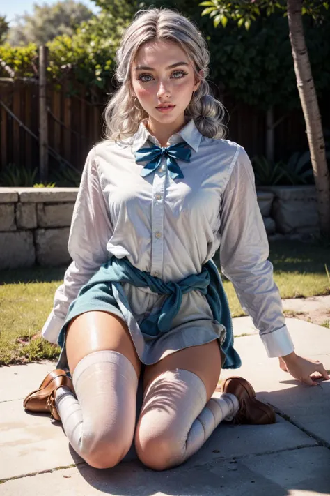 (masterpiece, best quality, highres:1.3), (photorealistic:1.4), casual photography, HDR, natural light, (anti-aliasing:1.2), elegant, soft scattered light, realistic proportions, limited palette, backlit, accent lighting, (neutral colors:1.3), cross process, cinematic lighting, coherent light, coherent shadows, light passing through hair, (abstract background:1.3), (perfect skin), (sharp), (cowboy shot:1.2),
detailed face, detailed eyes, detailed skin, (photorealistic:1.2), (intricate and beautiful:1.2), ZH_HeloiseH, solo, realistic, lips, long hair, yellow eyes, tattoo, realistic, freckles, lips, large breasts, (thick\lips\), <lora:ZH_HeloiseH_v1:1> (beautiful detailed eyes:1.2), (detailed light:1.2), (soft lighting, side lighting, reflected light), (makeup, mascara:0.9), ((silver white hair:1.2)), gorgeous greek goddess, 20yo Valyrian Princess, (pale skin:1.2), (thick\lips\), frlgsabrina, blunt bangs, Japanese clothes, red skirt, sash, black pantyhose, <lora:add_detail:0.84>, (looking at viewer), <lora:candice-nvwls-v2:1> candice, twintails, bowtie, white shirt, clothes around waist, orange miniskirt, striped socks, loafers,