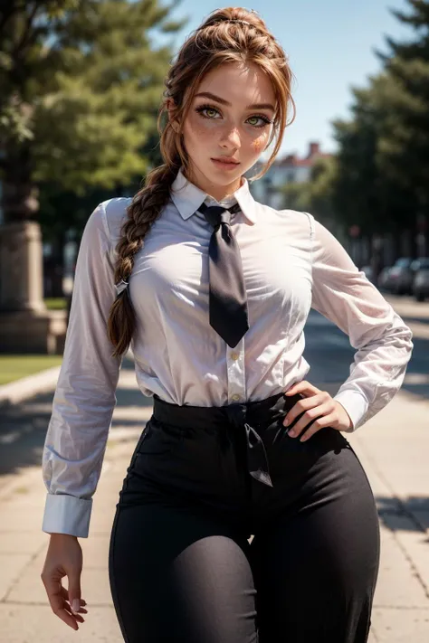 (masterpiece, best quality, highres:1.3), (photorealistic:1.4), casual photography, HDR, natural light, (anti-aliasing:1.2), elegant, soft scattered light, realistic proportions, limited palette, backlit, accent lighting, (neutral colors:1.3), cross process, cinematic lighting, coherent light, coherent shadows, light passing through hair, (abstract background:1.3), (perfect skin), (sharp), (cowboy shot:1.2),
detailed face, detailed eyes, detailed skin, (photorealistic:1.2), (intricate and beautiful:1.2), (beautiful detailed eyes:1.2), (detailed light:1.2), (soft lighting, side lighting, reflected light), gorgeous greek goddess, (pale skin:1.2), (thick\lips\), <lora:add_detail:0.60>, (looking at viewer), ZH_HeloiseH, solo, realistic, lips, long hair, yellow eyes, tattoo, realistic, freckles, lips, large breasts, (thick\lips\), <lora:ZH_HeloiseH_v1:1> <lora:makima:1> makima\(chainsaw man\), red hair, yellow eyes, ringed eyes, braided ponytail, long sleeves, red hair, necktie, large breasts, solo, looking at viewer, thick thighs, hand on hip, pants, black pants, white shirt, braided ponytail, ringed eyes, high-waist pants, shirt, braid, shirt tucked in, black necktie, collared shirt