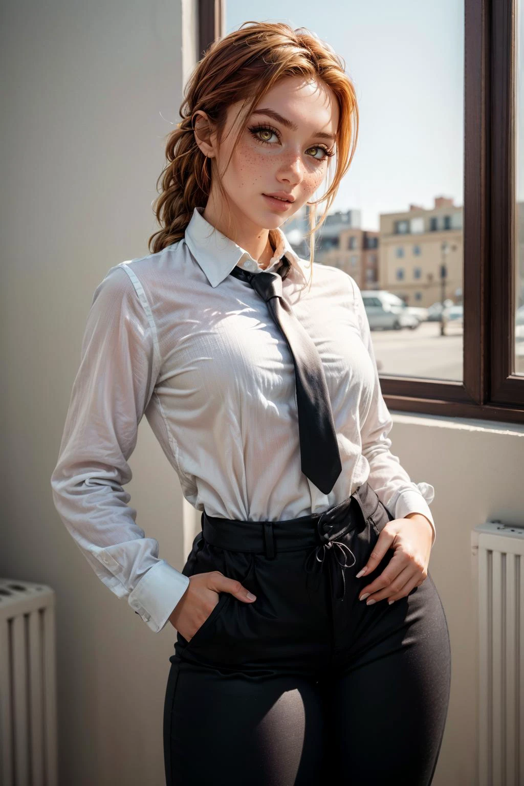(masterpiece, best quality, highres:1.3), (photorealistic:1.4), casual photography, HDR, natural light, (anti-aliasing:1.2), elegant, soft scattered light, realistic proportions, limited palette, backlit, accent lighting, (neutral colors:1.3), cross process, cinematic lighting, coherent light, coherent shadows, light passing through hair, (abstract background:1.3), (perfect skin), (sharp), (cowboy shot:1.2),
detailed face, detailed eyes, detailed skin, (photorealistic:1.2), (intricate and beautiful:1.2), (beautiful detailed eyes:1.2), (detailed light:1.2), (soft lighting, side lighting, reflected light), gorgeous greek goddess, (pale skin:1.2), (thick\lips\), <lora:add_detail:0.60>, (looking at viewer), ZH_HeloiseH, solo, realistic, lips, long hair, yellow eyes, tattoo, realistic, freckles, lips, large breasts, (thick\lips\), <lora:ZH_HeloiseH_v1:1> <lora:makima:1> makima\(chainsaw man\), red hair, yellow eyes, ringed eyes, braided ponytail, long sleeves, red hair, necktie, large breasts, solo, looking at viewer, thick thighs, hand on hip, pants, black pants, white shirt, braided ponytail, ringed eyes, high-waist pants, shirt, braid, shirt tucked in, black necktie, collared shirt