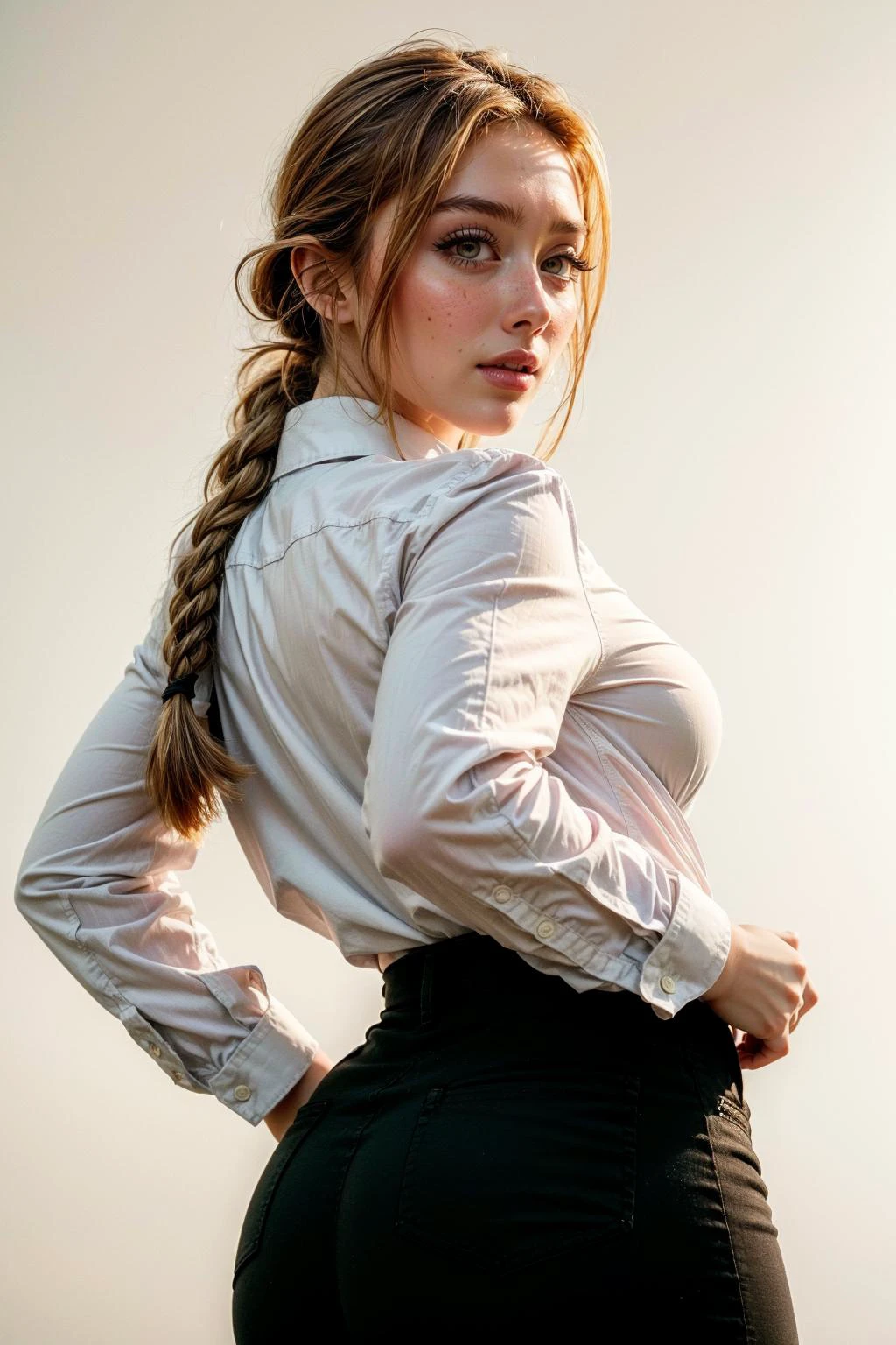 (masterpiece, best quality, highres:1.3), (photorealistic:1.4), casual photography, HDR, natural light, (anti-aliasing:1.2), elegant, soft scattered light, realistic proportions, limited palette, backlit, accent lighting, (neutral colors:1.3), cross process, cinematic lighting, coherent light, coherent shadows, light passing through hair, (abstract background:1.3), (perfect skin), (sharp), (cowboy shot:1.2),
detailed face, detailed eyes, detailed skin, (photorealistic:1.2), (intricate and beautiful:1.2), (beautiful detailed eyes:1.2), (detailed light:1.2), (soft lighting, side lighting, reflected light), gorgeous greek goddess, (pale skin:1.2), (thick\lips\), <lora:add_detail:0.60>, (looking at viewer), ZH_HeloiseH, solo, realistic, lips, long hair, yellow eyes, tattoo, realistic, freckles, lips, large breasts, (thick\lips\), <lora:ZH_HeloiseH_v1:1> <lora:makima:1> makima\(chainsaw man\), red hair,yellow eyes,ringed eyes,braided ponytail, long sleeves, red hair, necktie, large breasts, solo, looking at viewer, thick thighs, hand on hip, pants, black pants, yellow eyes, 1girl, white shirt, braided ponytail, ringed eyes, high-waist pants, shirt, braid, shirt tucked in, simple background, white background, black necktie, collared shirt