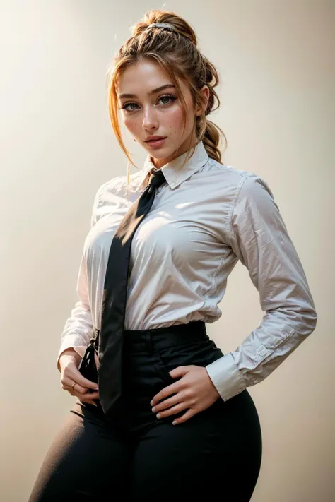 (masterpiece, best quality, highres:1.3), (photorealistic:1.4), casual photography, HDR, natural light, (anti-aliasing:1.2), elegant, soft scattered light, realistic proportions, limited palette, backlit, accent lighting, (neutral colors:1.3), cross process, cinematic lighting, coherent light, coherent shadows, light passing through hair, (abstract background:1.3), (perfect skin), (sharp), (cowboy shot:1.2),
detailed face, detailed eyes, detailed skin, (photorealistic:1.2), (intricate and beautiful:1.2), (beautiful detailed eyes:1.2), (detailed light:1.2), (soft lighting, side lighting, reflected light), gorgeous greek goddess, (pale skin:1.2), (thick\lips\), <lora:add_detail:0.60>, (looking at viewer), ZH_HeloiseH, solo, realistic, lips, long hair, yellow eyes, tattoo, realistic, freckles, lips, large breasts, (thick\lips\), <lora:ZH_HeloiseH_v1:1> <lora:makima:1> makima\(chainsaw man\), red hair,yellow eyes,ringed eyes,braided ponytail, long sleeves, red hair, necktie, large breasts, solo, looking at viewer, thick thighs, hand on hip, pants, black pants, yellow eyes, 1girl, white shirt, braided ponytail, ringed eyes, high-waist pants, shirt, braid, shirt tucked in, simple background, white background, black necktie, collared shirt