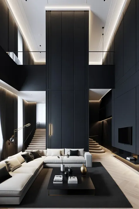 minimalist,luxury decoration,livingroom,sofa,carpet,black wall to wall,floor lamp,duplex building,double-storey building,hollow livingroom,vertical composition,
8K,high-definition,high quality,high resolution,details,realism,masterpieces,realism,masterpieces,