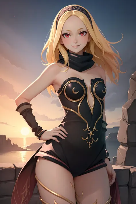 (masterpiece, best quality:1.2), <lyco:gravitydaze_kitten-12:1.0>, cowboy shot, solo, 1girl, gdkat, dark skin, dark-skinned female, smile, looking at viewer, hand on hip, hairband, leotard, strapless, leg warmers, vambraces, black scarf, bare shoulders