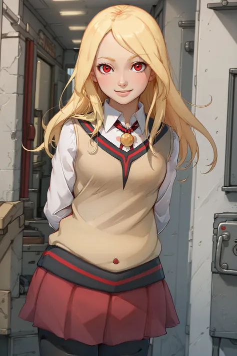 (masterpiece, best quality:1.2), <lyco:gravitydaze_kitten-12:1.0>, cowboy shot, solo, 1girl, gdkatschool, dark skin, dark-skinned female, smile, looking at viewer, arms behind back, school uniform, sweater vest, red skirt, pantyhose