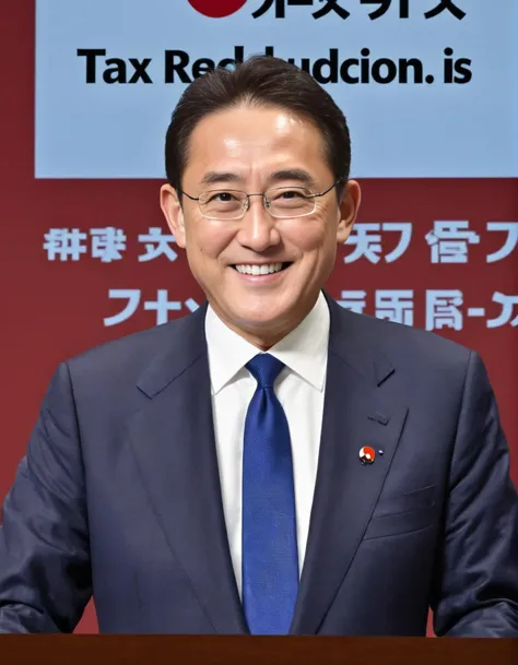 Fumio Kishida is making a speech, Japanese flag, Hinomaru, looking at viewer, wearing suit and glasses, portrait, (realistic photo, High quality, highly detailed, intricate details, Highres, 8k, RAW photo:1.25), <lora:Kishida-XL_v2:0.5>