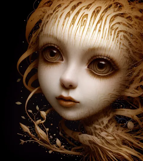 surrealistic portrait of a woman's face flying lonely in the black void, distant short of a woman's face made out of many different types of wires and a pieces of paper, edges of face disappearing turning into plants and floral patterns, her skin turned into ribbons and light particles, her skin turns into further and falling down like an autumn leaves, skin turning into ribbons and further, dead woman with big eyes, galaxy in her big eyes, big eyes with elegant eyelashes, open eyes, black background, simple background, isolated on black, skin like a tree bark, skin like a paper, in style of AIDA_NH_humans, by AIDA_NH_humans <lora:AIDA_NH_humans:1.n3>