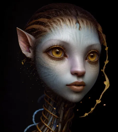 surrealistic portrait of (AIDA_LoRA_Neytiri:1.3) head flying lonely in the black void <lora:AIDA_LoRA_Neytiri:0.4>, yellow eyes, blue skin, distant short of an (AIDA_Neytiri:1.3) face made out of many different types of wires and a pieces of paper, edges of face disappearing turning into plants and floral patterns, her skin turned into blue ribbons and cyan light particles, her skin turns into further and falling down like an autumn leaves, skin turning into ribbons and further, dead woman with big eyes, galaxy in her big yellow eyes, big eyes with elegant eyelashes, open eyes, black background, simple background, isolated on black, skin like a tree bark, skin like a paper, in style of AIDA_NH_humans, by AIDA_NH_humans <lora:AIDA_NH_humans:1>