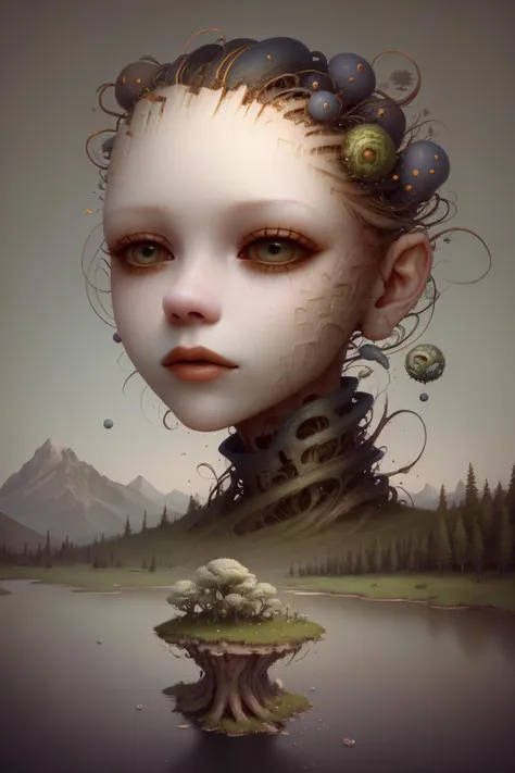 a head flying in the sky and turning into octopus with squids instead of hair, surrealistic landscape with a grassy area and a lake on the foreground and trees and mountain on the background, abstract shapes and dead black tree growing on the head while head flying in the sky, liquid flash, balls, 3D artwork by AIDA_NH_humans, surrealistic portrait in style of AIDA_NH_humans <lora:AIDA_NH_humans:1.05>, oil painting, impressionism, cyberpunk, kkw-ph1, isometric_dreams