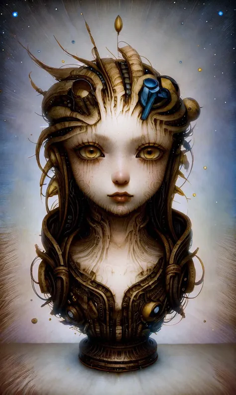 (masterpiece:1.3), a portrait of a AIDA_Neytiri as cute alien girl, long ears, pointed ears, pretty face with big eyes with elegant eyelashes, looking at yellow magic ball, edges of face disappearing turning into wires and tubes, (yellow eyes:1.3), blue grunge background with galaxy nebula, AIDA_Neytiri face with spiky implants instead of hair and blue eyes in front of a grunge background, edges of her face disappearing turning into wires, edges of face disappearing turning into wires and tubes, edges of face disappearing turning into wires, face and body disappearing turning into wires, horrifying implants on the top of her head, a drawing in style of AIDA_ColGruBioMec, (artwork by AIDA_ColGruBioMec:1.3) <lora:AIDA_ColGruBioMecV2:0.77>, (in style of H.R.Giger:1.1), (starry sky:1.3), liquid flash, balls, (pretty face:1.3), (big eyes with elegant eyelashes:1.3), galaxy in eyes, (artwork by AIDA_NH_humans:1.3), surrealistic portrait in style of AIDA_NH_humans <lora:AIDA_NH_humans:1.15>, isometric_dreams, kkw-ph1, studio photo, (rusty:1.3) tubes and air intakes