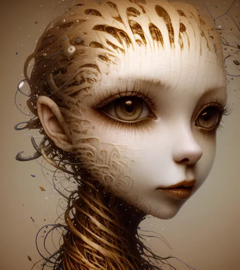 surrealistic portrait of a woman's face flying lonely in the black void, distant short of a woman's face made out of many different types of wires and a pieces of paper, edges of face disappearing turning into plants and floral patterns, her skin turned into ribbons and light particles, her skin turns into further and falling down like an autumn leaves, skin turning into ribbons and further, dead woman with big eyes, galaxy in her big eyes, big eyes with elegant eyelashes, open eyes, black background, simple background, isolated on black, skin like a tree bark, skin like a paper, in style of AIDA_NH_humans, by AIDA_NH_humans <lora:AIDA_NH_humans:1.n3>