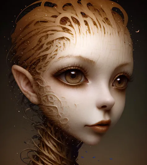 surrealistic portrait of (AIDA_pim2023:1.09) flying lonely in the black void, distant short of a woman's face made out of many different types of wires and a pieces of paper, edges of face disappearing turning into plants and floral patterns, her skin turned into ribbons and light particles, her skin turns into further and falling down like an autumn leaves, skin turning into ribbons and further, dead woman with big eyes, galaxy in her big eyes, big eyes with elegant eyelashes, open eyes, black background, simple background, isolated on black, skin like a tree bark, skin like a paper, in style of AIDA_NH_humans, by AIDA_NH_humans <lora:AIDA_NH_humans:1.14>