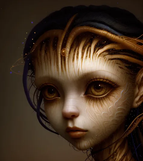 surrealistic portrait of (AIDA_Neytiri:1.12) flying lonely in the black void, distant short of a woman's face made out of many different types of wires and a pieces of paper, edges of face disappearing turning into plants and floral patterns, her skin turned into ribbons and light particles, her skin turns into further and falling down like an autumn leaves, skin turning into ribbons and further, dead woman with big eyes, galaxy in her big eyes, big eyes with elegant eyelashes, open eyes, black background, simple background, isolated on black, skin like a tree bark, skin like a paper, in style of AIDA_NH_humans, by AIDA_NH_humans <lora:AIDA_NH_humans:1.1>