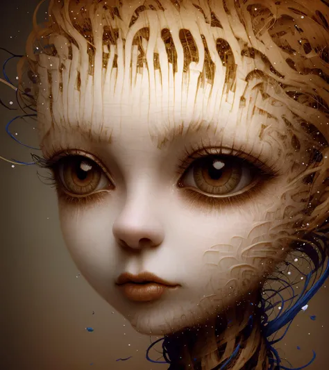 surrealistic portrait of a woman's face flying lonely in the black void, distant short of a woman's face made out of many different types of wires and a pieces of paper, edges of face disappearing turning into plants and floral patterns, her skin turned into ribbons and light particles, her skin turns into further and falling down like an autumn leaves, skin turning into ribbons and further, dead woman with big eyes, galaxy in her big eyes, big eyes with elegant eyelashes, open eyes, black background, simple background, isolated on black, skin like a tree bark, skin like a paper, in style of AIDA_NH_humans, by AIDA_NH_humans <lora:AIDA_NH_humans:1.11>