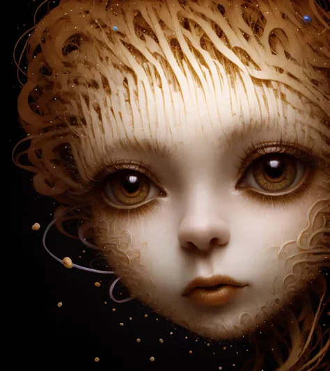 surrealistic portrait of a woman's face flying lonely in the black void, distant short of a woman's face made out of many different types of wires and a pieces of paper, edges of face disappearing turning into plants and floral patterns, her skin turned into ribbons and light particles, her skin turns into further and falling down like an autumn leaves, skin turning into ribbons and further, dead woman with big eyes, galaxy in her big eyes, big eyes with elegant eyelashes, open eyes, black background, simple background, isolated on black, skin like a tree bark, skin like a paper, in style of AIDA_NH_humans, by AIDA_NH_humans <lora:AIDA_NH_humans:1.08>