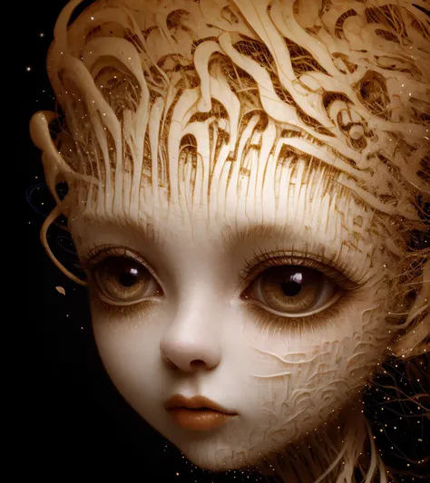 surrealistic portrait of a woman's face flying lonely in the black void, distant short of a woman's face made out of many different types of wires and a pieces of paper, edges of face disappearing turning into plants and floral patterns, her skin turned into ribbons and light particles, her skin turns into further and falling down like an autumn leaves, skin turning into ribbons and further, dead woman with big eyes, galaxy in her big eyes, big eyes with elegant eyelashes, open eyes, black background, simple background, isolated on black, skin like a tree bark, skin like a paper, in style of AIDA_NH_humans, by AIDA_NH_humans <lora:AIDA_NH_humans:1.02>