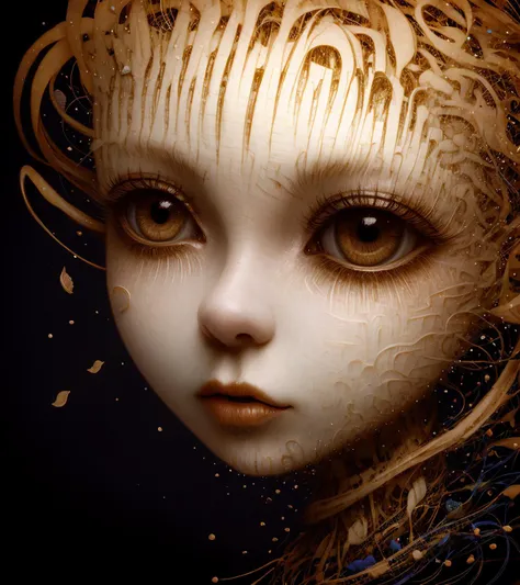 surrealistic portrait of a woman's face flying lonely in the black void, distant short of a woman's face made out of many different types of wires and a pieces of paper, edges of face disappearing turning into plants and floral patterns, her skin turned into ribbons and light particles, her skin turns into further and falling down like an autumn leaves, skin turning into ribbons and further, dead woman with big eyes, galaxy in her big eyes, big eyes with elegant eyelashes, open eyes, black background, simple background, isolated on black, skin like a tree bark, skin like a paper, in style of AIDA_NH_humans, by AIDA_NH_humans <lora:AIDA_NH_humans:1.08>