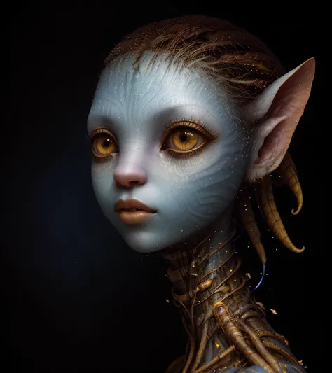 surrealistic portrait of (AIDA_LoRA_Neytiri:1.3) head flying lonely in the black void <lora:AIDA_LoRA_Neytiri:0.4>, yellow eyes, blue skin, distant short of an (AIDA_Neytiri:1.3) face made out of many different types of wires and a pieces of paper, edges of face disappearing turning into plants and floral patterns, her skin turned into blue ribbons and cyan light particles, her skin turns into further and falling down like an autumn leaves, skin turning into ribbons and further, dead woman with big eyes, galaxy in her big yellow eyes, big eyes with elegant eyelashes, open eyes, black background, simple background, isolated on black, skin like a tree bark, skin like a paper, in style of AIDA_NH_humans, by AIDA_NH_humans <lora:AIDA_NH_humans:1>