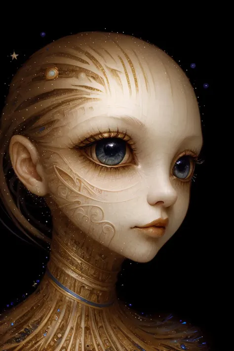 surrealistic portrait of a woman's face flying lonely in the black void, distant short of a woman's face made out of many different types of wires and a pieces of paper, edges of face disappearing turning into plants and floral patterns, her skin turned into ribbons and light particles, her skin turns into further and falling down like an autumn leaves, skin turning into ribbons and further, dead woman with big eyes, galaxy in her big eyes, big eyes with elegant eyelashes, open eyes, black background, simple background, isolated on black, skin like a tree bark, skin like a paper, in style of AIDA_NH_humans, by AIDA_NH_humans <lora:AIDA_NH_humans:1.03>