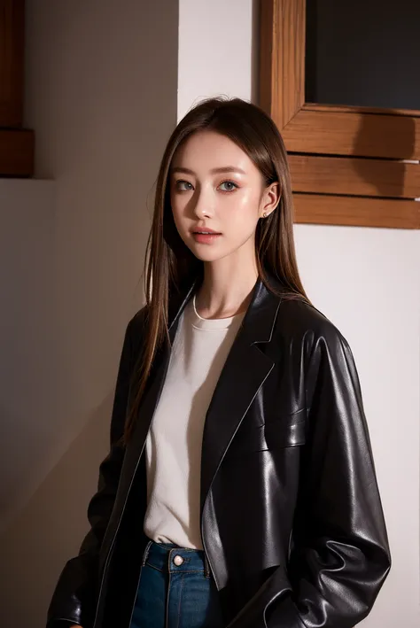 Closeup, A 20 yo woman, dark theme, soothing tones, muted colors, jacket, jeans, fashion, high contrast, (natural skin texture, hyperrealism, soft light, sharp), upper body, <lora:MoosMST4:1> <lora:Rosalind-01:1>