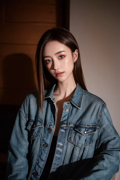 Closeup, A 20 yo woman, dark theme, soothing tones, muted colors, jacket, jeans, fashion, high contrast, (natural skin texture, hyperrealism, soft light, sharp), upper body, <lora:MoosMST4:1> <lora:Rosalind-01:1>