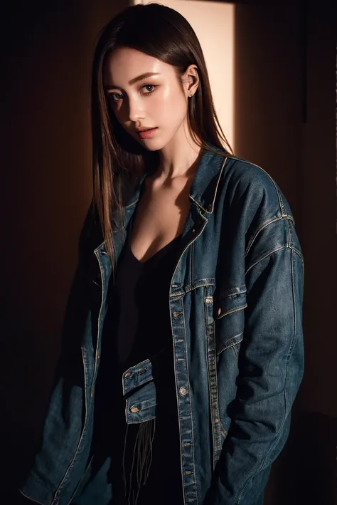 Closeup, A 20 yo woman, dark theme, soothing tones, muted colors, jacket, jeans, fashion, high contrast, (natural skin texture, hyperrealism, soft light, sharp), upper body, <lora:MoosMST4:1> <lora:Rosalind-01:1>