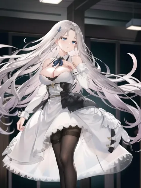 (hyper extreme detailed),(masterpeace),(hyper extreme),(photorealistic),CG,llustration,novel illustration,indoors,1girl, <lora:Yorktown_II_v1:0.8>,Yorktown_II,bare shoulders, blue eyes, blue ribbon, cleavage, detached sleeves, dress, juliet sleeves, large breasts, long sleeves, neck ribbon, puffy sleeves, ribbon,very long hair, white dress, white hair,black pantyhose,