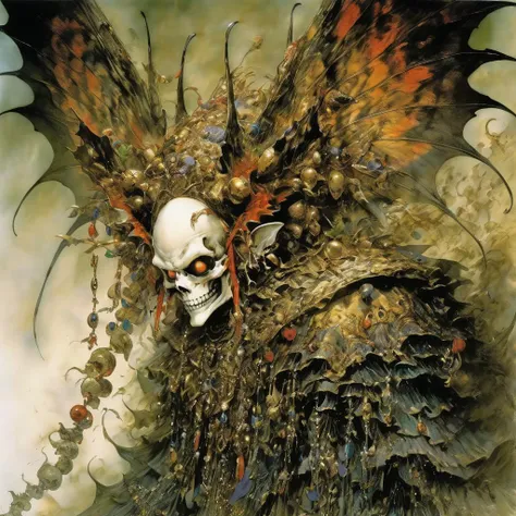 <lora:add-detail-xl:2.0>, yoshitaka amano, detailed expressive eyes, fantasy style, the regal insectoid skullwhacker (jester with jester's cap, bells), a creature of the sexaturbled skies, its majestic bordlychoddering wings outstretched as it soars above a garbonified realm of aprexified islands and cascading rofflegobber <lora:amano_yoshitaka_offset:0.8>