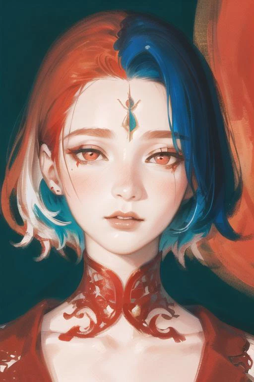<(masterpiece:1.5), realistic, painting, intricate details, cinematic light, (finely detailed face and beautiful eyes)>, Belarus, (charmed_face), , loafers, forehead, short hair, (undercut:1.5), messy_hair, (Teal hair:1.3), (CC0000 eyes:1.3), solo, BREAK, <dalcefo, high resolution illustration, (best quality:1.2), (flat color:1.4), limited palette, coloful, rim lighting, spot lighting, (beautiful and clear background:1.2), detailed background, best ratio four finger and one thumb, (pretty face:1.2)>, girl, sfw, <lora:yoshitakaAmanoStyle_amanoYoshitaka55:0.4>,