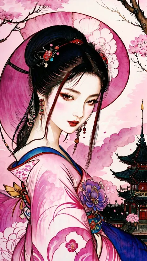 woman , geisha , fan , kimono , cherry tree , petals , pagoda , beautiful , <lora:1 amano yoshitaka FF:1.2> amano yoshitaka , traditional media , watercolour, fantasy illustration , soft colors , final fantasy
