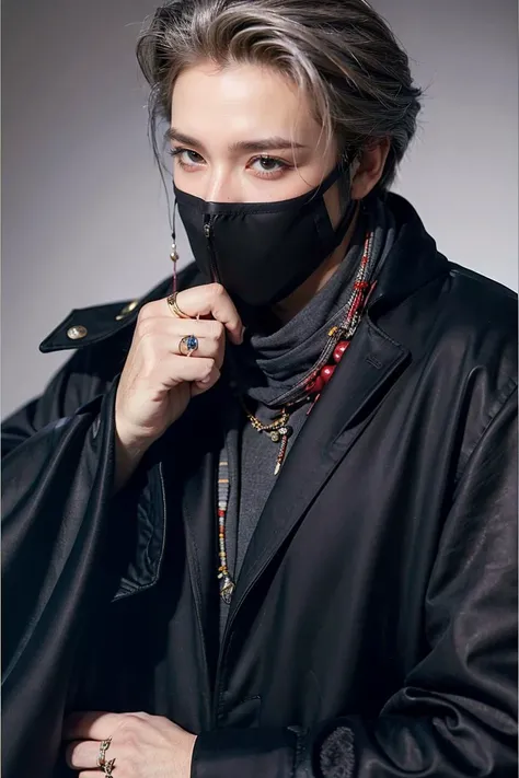 1boy, beads, black cloak, cloak, cover, cover page, covered mouth, flower, grey eyes, hair slicked back, jewelry, male focus, mask, mask removed, mouth mask, pale skin, popped collar, ring, scarf, silver hair, solo, traditional media,
<lora:amano_yoshitaka_offset:1>amano yoshitaka